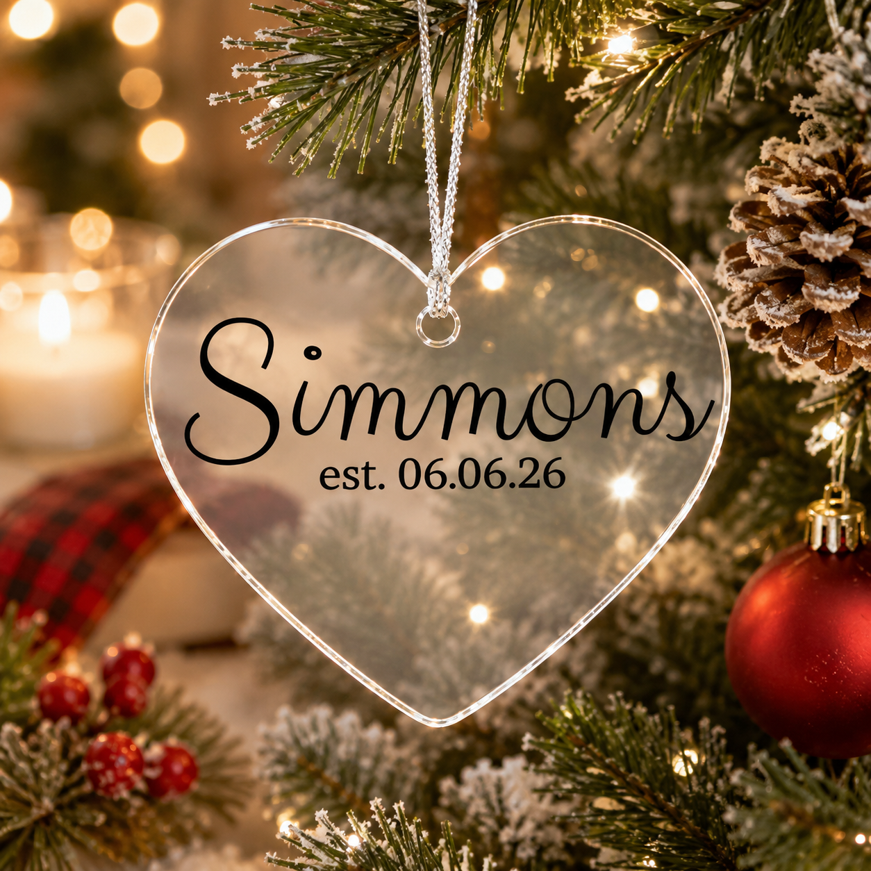 Personalized Family Name Acrylic Heart Ornament, Newlyweds