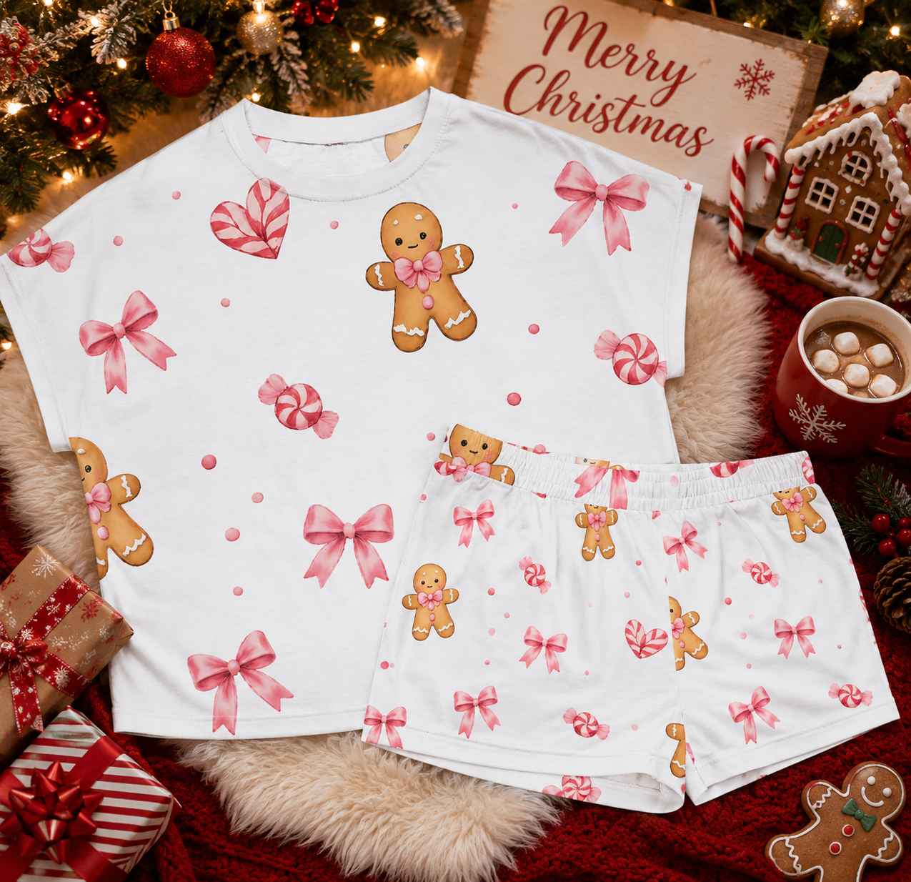 Gingerbread and Candies Pink Women's Christmas Pajamas