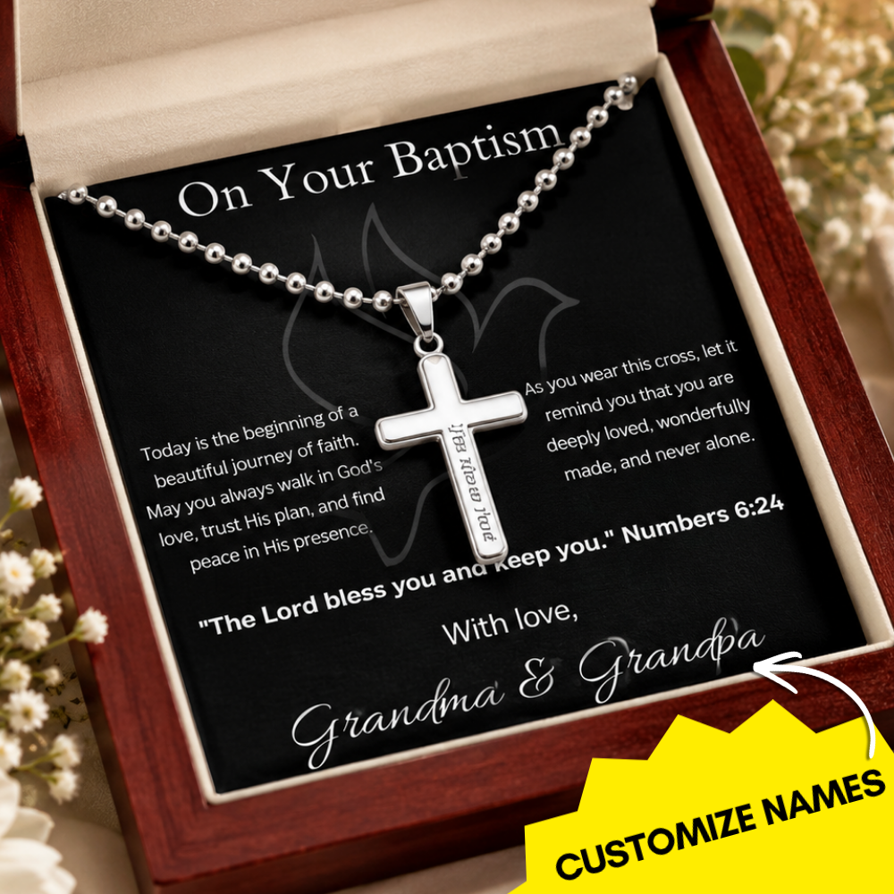 Personalized Baptism Cross Necklace with Custom Engraving | Personalized Message Card Gift