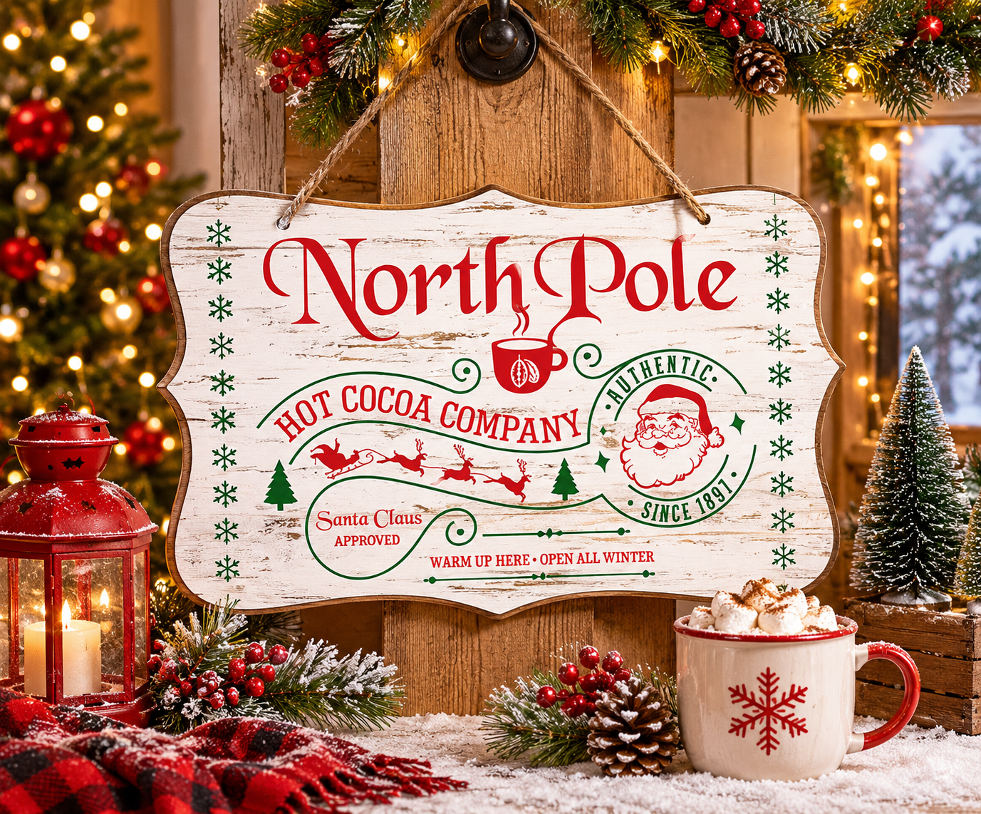 North Pole Hot Cocoa Company Cedar Wood Sign
