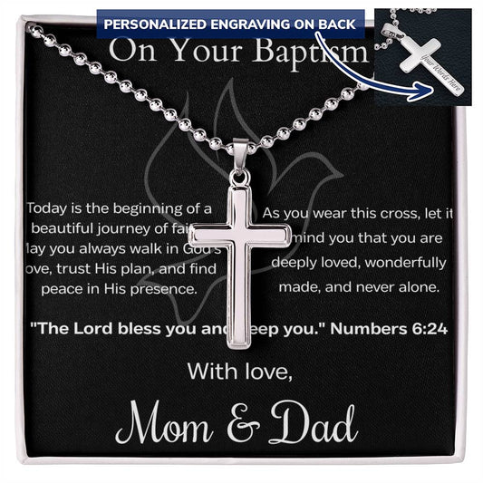 Personalized Baptism Cross Necklace with Custom Engraving | Personalized Message Card Gift