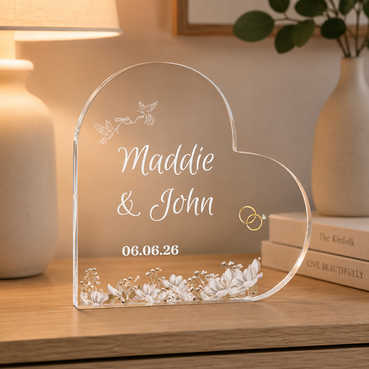 Personalized Wedding Heart Acrylic Gift For Newlyweds, Anniversary Gift for Husband, Wife, Parents, or Grandparents