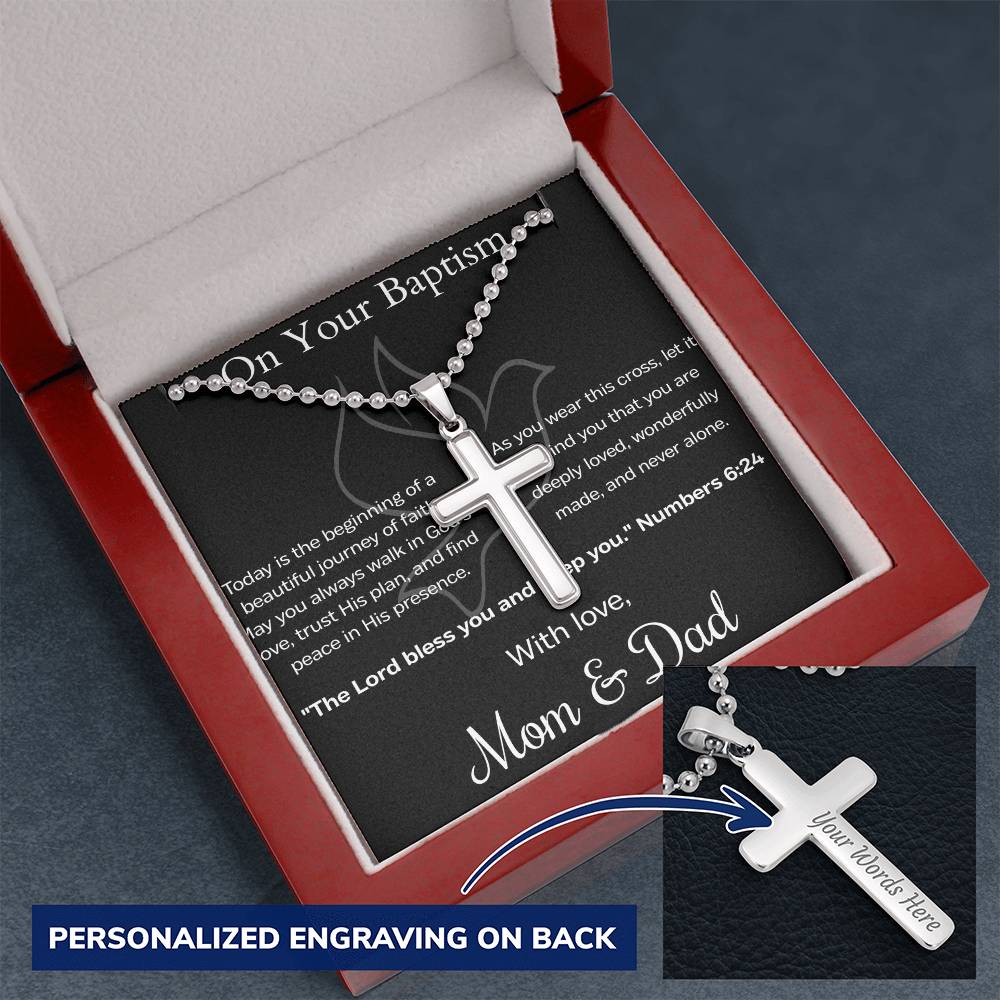 Personalized Baptism Cross Necklace with Custom Engraving | Personalized Message Card Gift