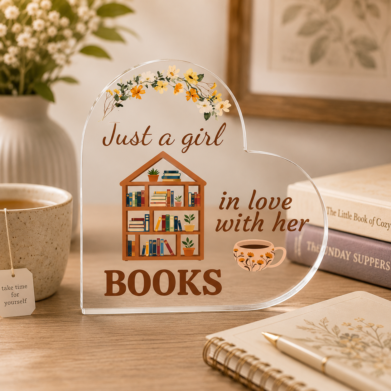 "Just a Girl in Love with Her Books" Heart Acrylic Gift